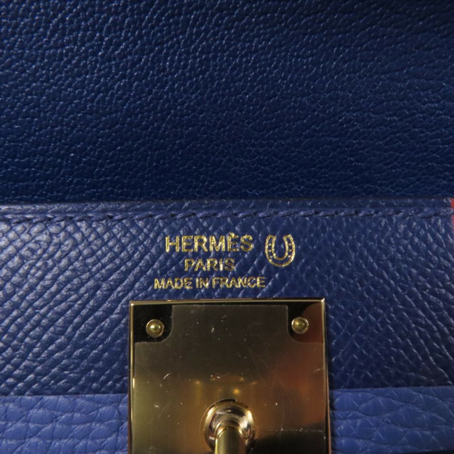 HERMES Epsom/Clemence皮革Kelly 28金扣手挽肩背兩用袋 Bleu Saphir/ Brique-12