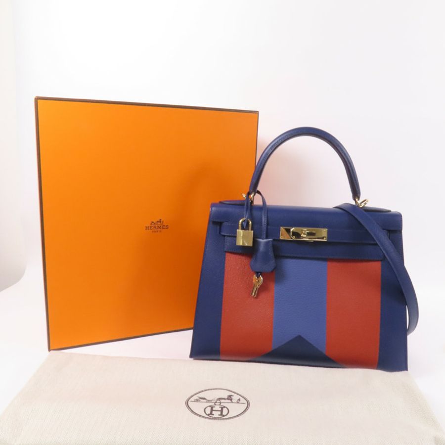 HERMES Epsom/Clemence皮革Kelly 28金扣手挽肩背兩用袋 Bleu Saphir/ Brique-14