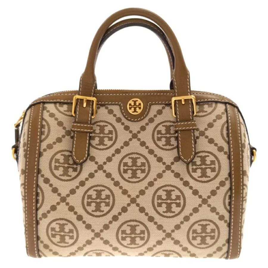 【TORY BURCH】滿版LOGO緹花皮革兩用包-卡其-0
