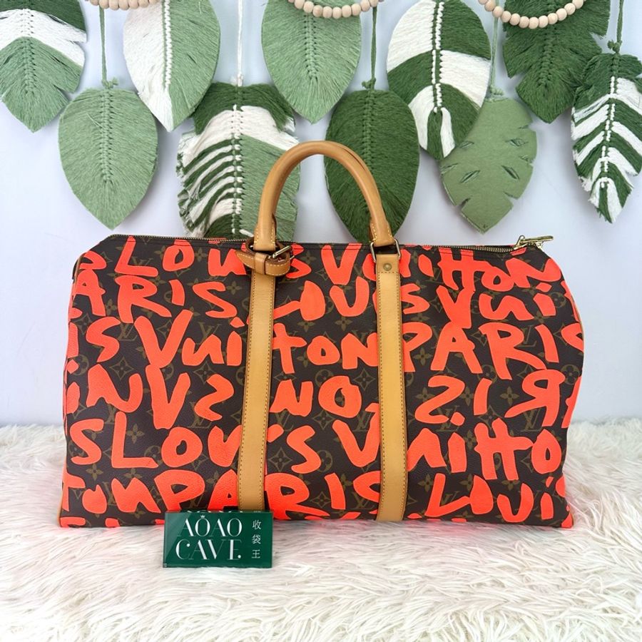 限量款✨ LV Graffiti KeepAll 50 橙色塗鴉 手提包-0