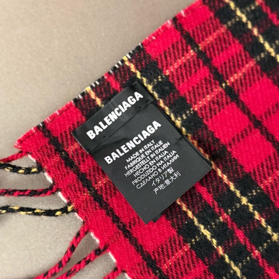 BALENCIAGA | 紅色格紋 Logo 羊毛圍巾/披肩-5