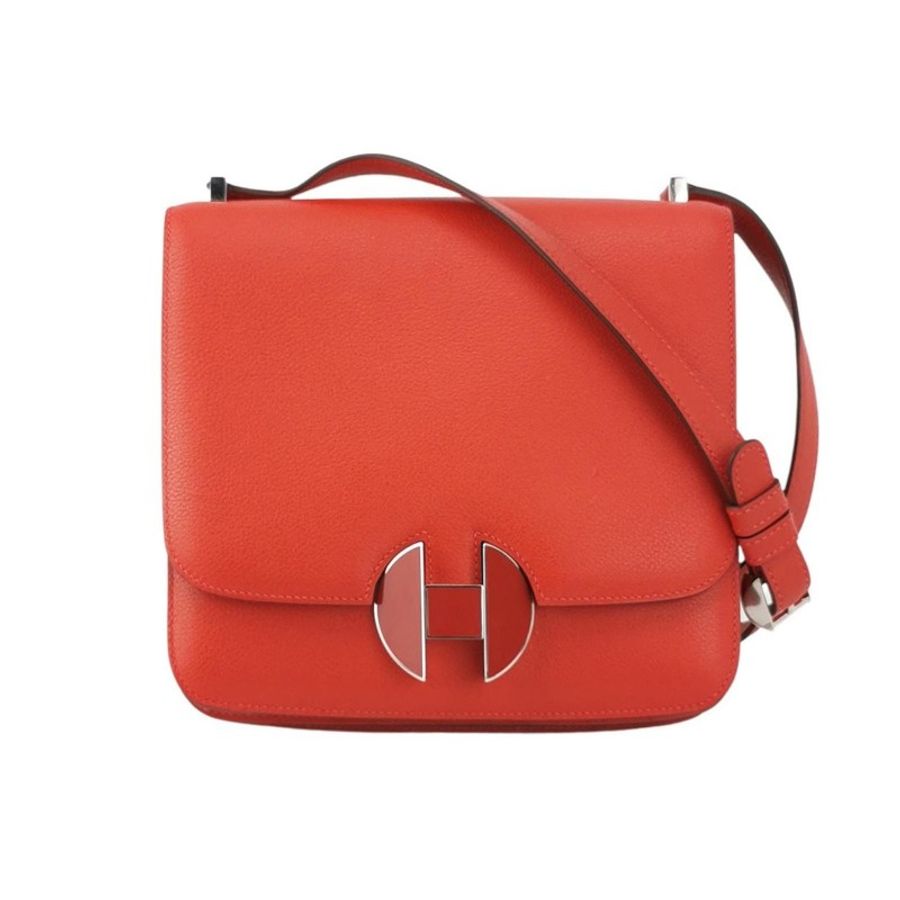 Hermes 2002系列圓形H鎖釦純色斜挎包Evercolor牛皮琺琅扣5X辣椒紅C刻-0