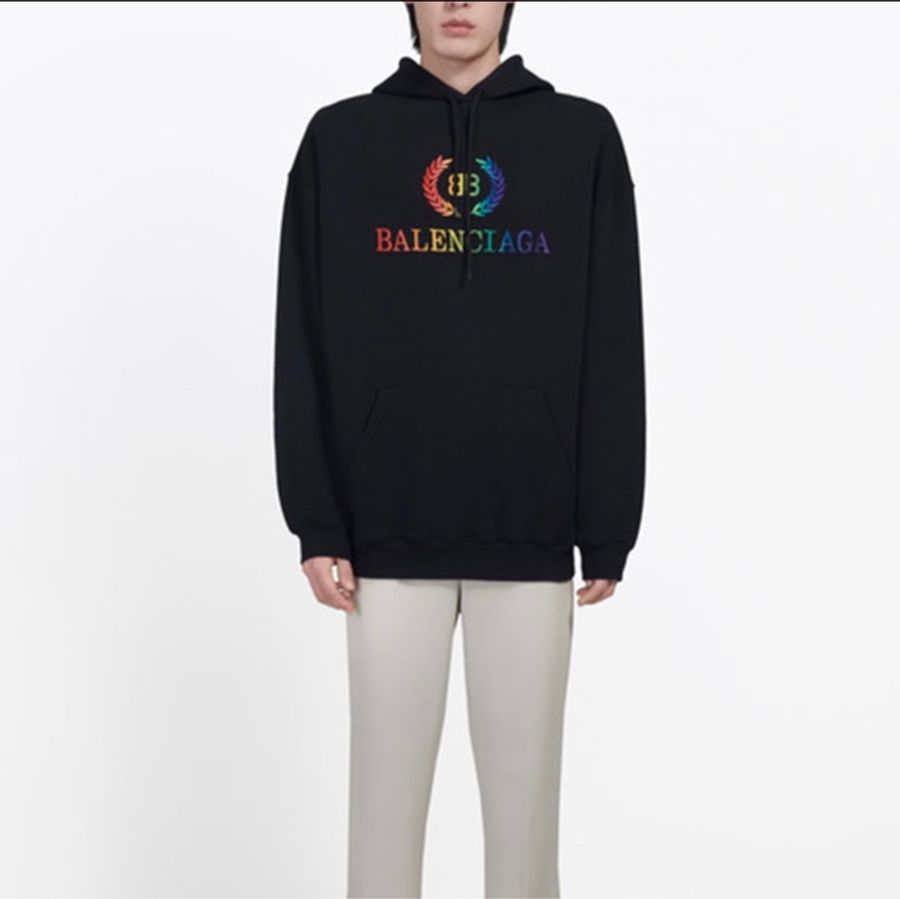 Balenciaga巴黎世家 彩虹麥穗Logo字母休閒連帽衛衣 寬松版型 男女同款情侶款 黑色-4