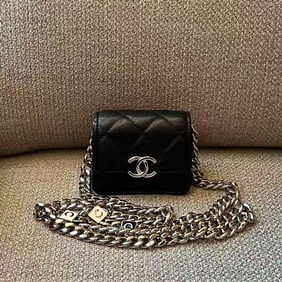 全🆕閒置 CHANEL/香奈兒22S 黑銀荔枝皮琺瑯鏈條小廢包31開帶盒全套高價得-0