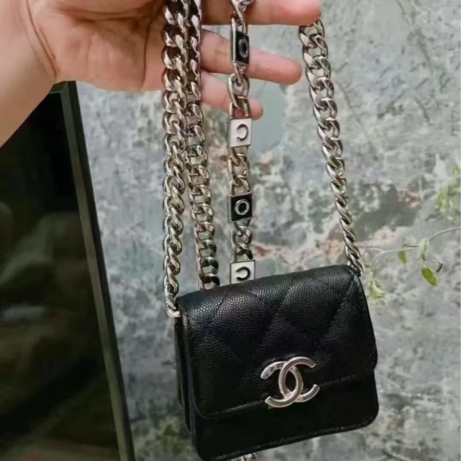 全🆕閒置 CHANEL/香奈兒22S 黑銀荔枝皮琺瑯鏈條小廢包31開帶盒全套高價得-2