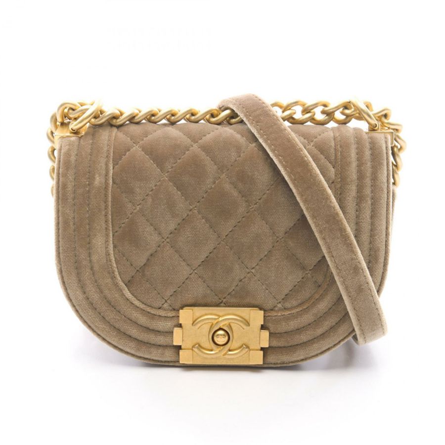 CHANEL Boy Chanel 迷你 Matelasse 鏈條單肩包 面料 卡其色 二手 GHW 女款-0