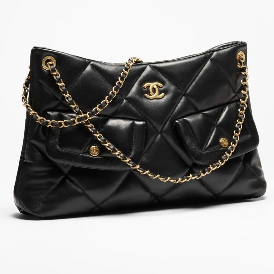 2025-26 新款 ::CHANEL:: 經典菱格紋 霧面雙C轉釦 皮穿鏈黑色購物包 肩背包 流浪包 HOBO-0