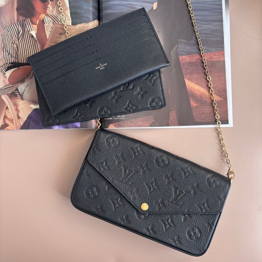 ::LOUIS VUITTON:: LV M82477 Félicie Pochette 黑色牛皮壓花紋 WOC三合一 金鏈斜背包-0