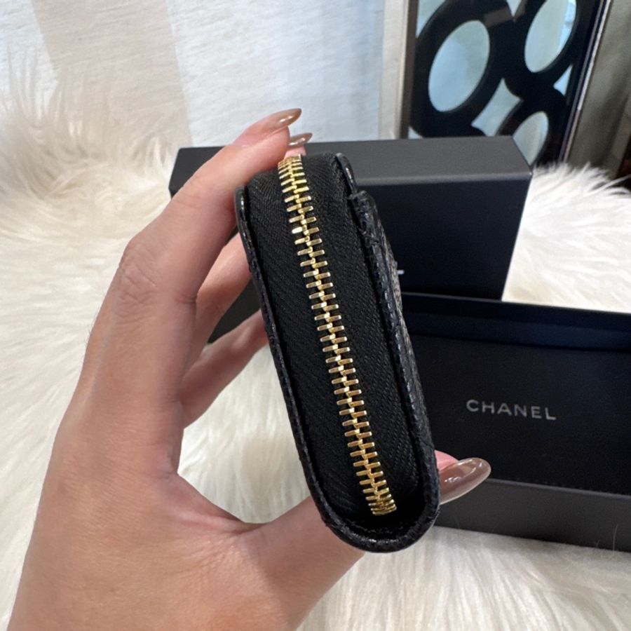 Chanel 黑金荔枝皮拉鏈零錢卡包 晶片款 全新離櫃-2