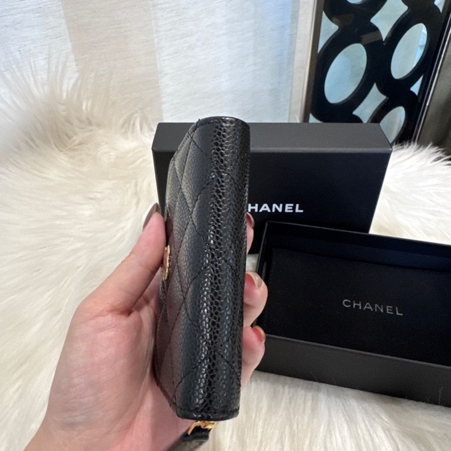Chanel 黑金荔枝皮拉鏈零錢卡包 晶片款 全新離櫃-5