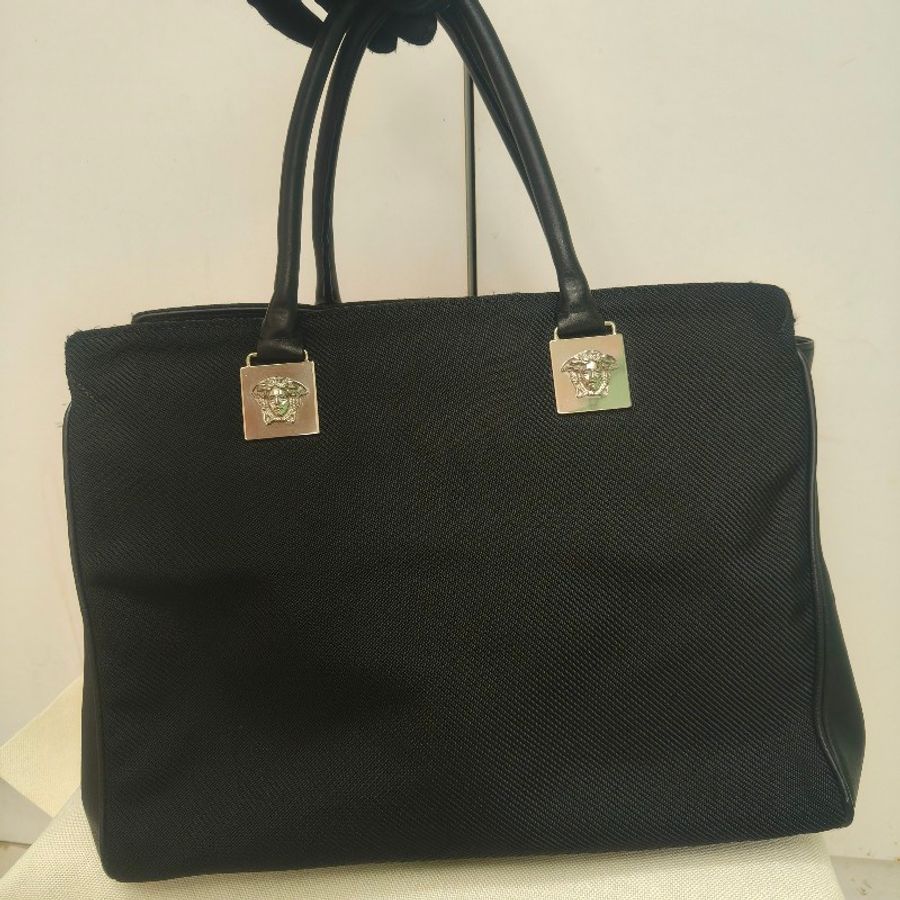 ㊣✨Versace✨凡賽斯 黑色 帆布 皮革 拼接 金屬 手提包/二手包/二手精品🌳二手樹屋🌳-1