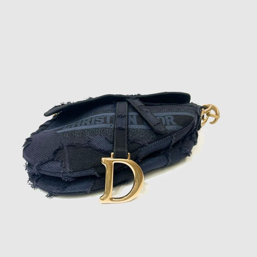 Dior 深藍刺繡霧金釦手提馬鞍包-4