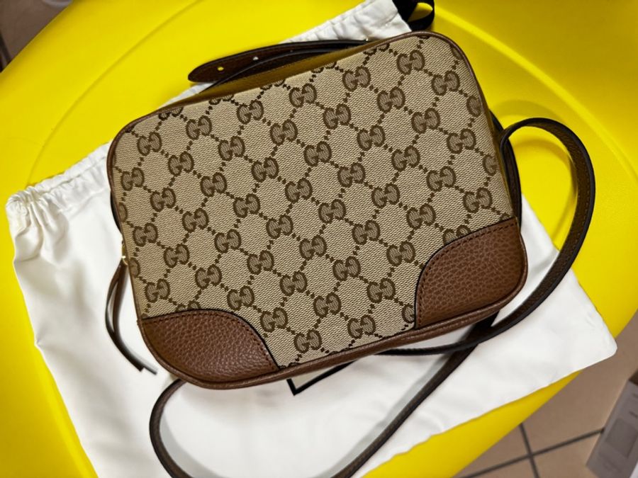 🔥 GUCCI 古馳 經典雙G LOGO印花牛皮拼接方包斜背包(駝/咖邊)-1