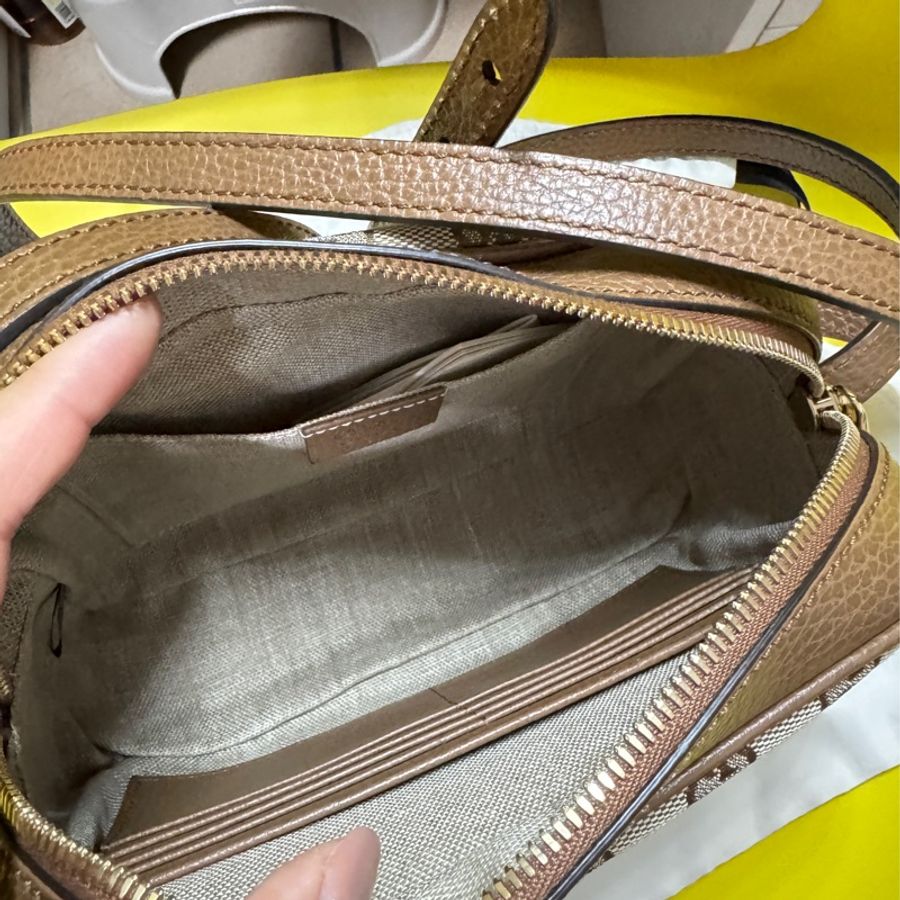 🔥 GUCCI 古馳 經典雙G LOGO印花牛皮拼接方包斜背包(駝/咖邊)-10