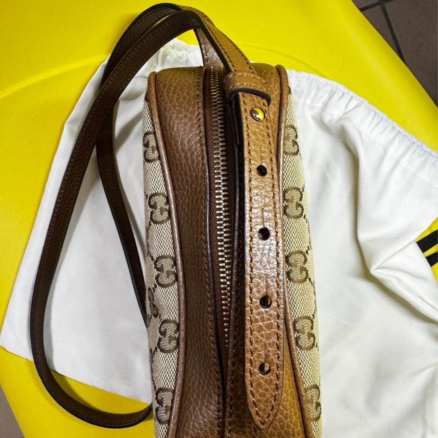 🔥 GUCCI 古馳 經典雙G LOGO印花牛皮拼接方包斜背包(駝/咖邊)-14