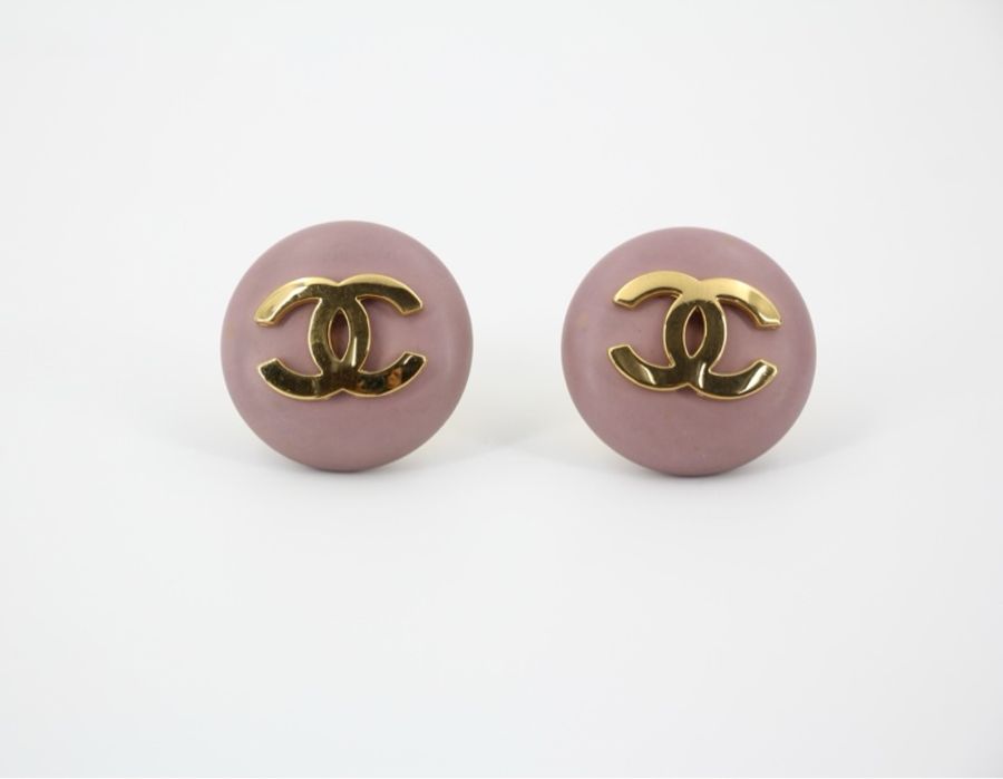 Chanel Vintage 87 樹脂紫粉紅CC Logo大圓形耳環-1