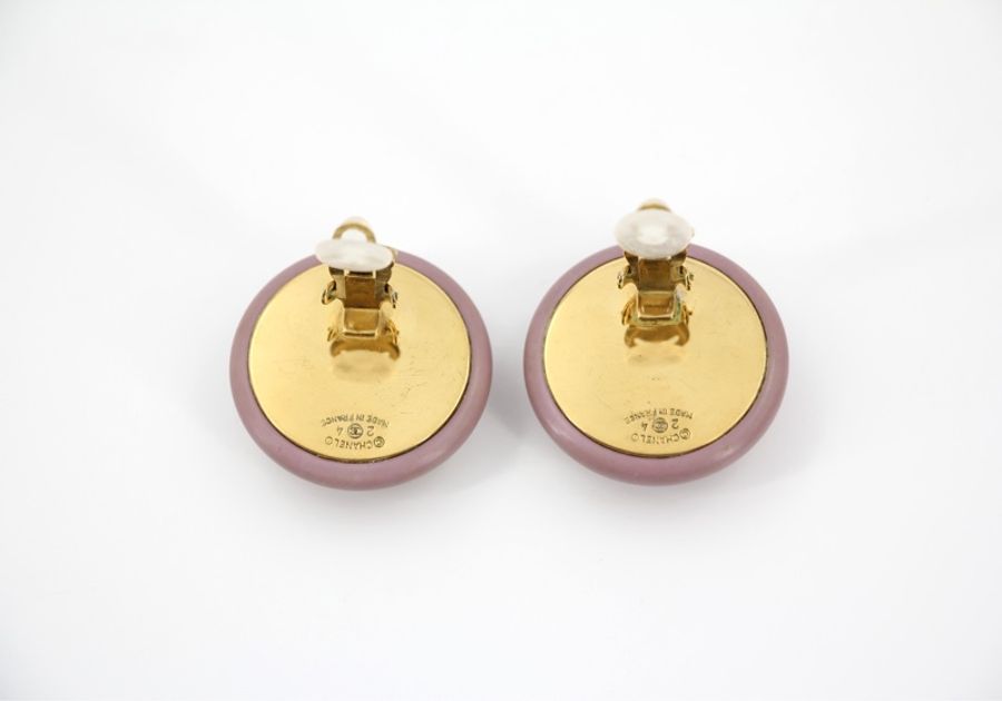 Chanel Vintage 87 樹脂紫粉紅CC Logo大圓形耳環-5