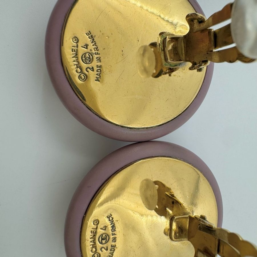 Chanel Vintage 87 樹脂紫粉紅CC Logo大圓形耳環-12