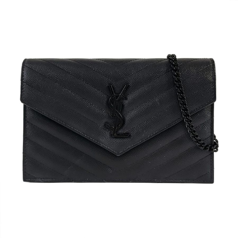 YSL MONOGRAM WOC 黑色牛
皮絎縫V紋單肩包斜挎包 黑色五金 可拆卸肩帶 配件齊全-0