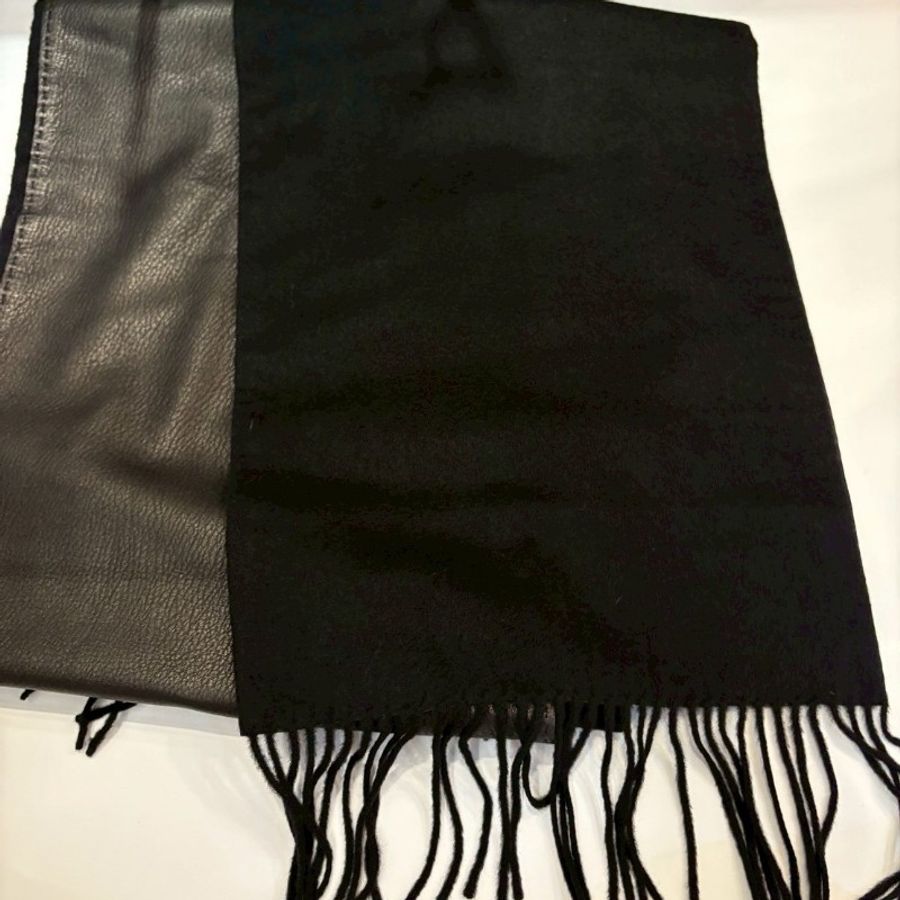 Hermes 黑色鹿皮/cashmere 雙面流蘇圍巾-0