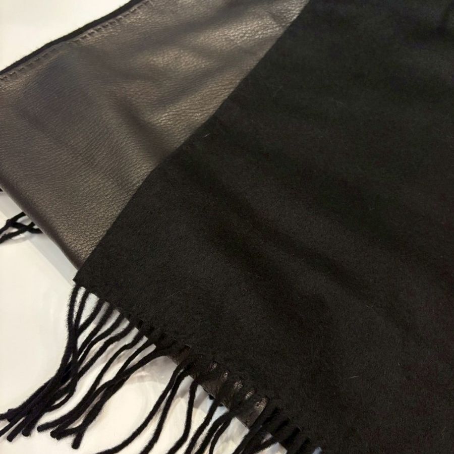 Hermes 黑色鹿皮/cashmere 雙面流蘇圍巾-5