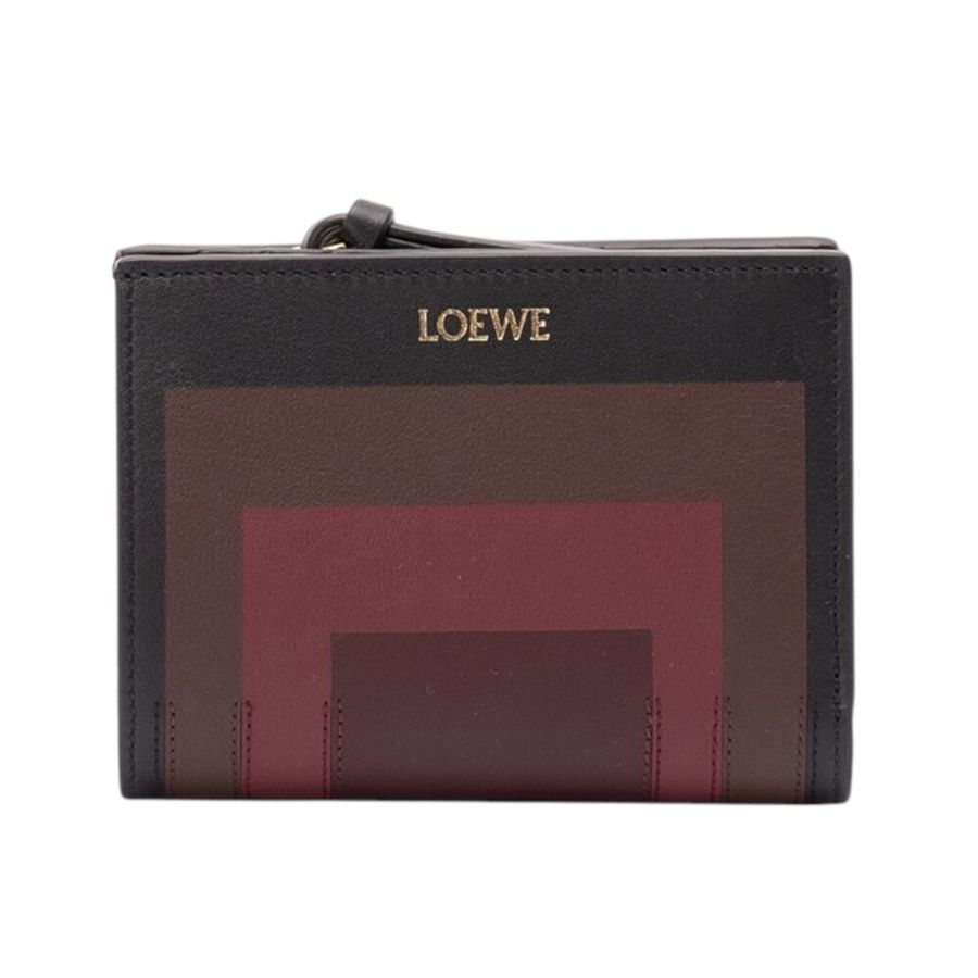 【LOEWE 羅威】x Albers 納帕小牛皮 嵌花方形 錢包 皮夾 卡夾 短夾 黑色 酒紅色-4