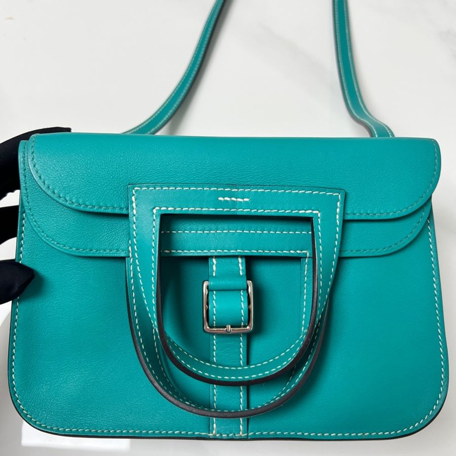 95新 Hermes mini Halzan 孔雀綠 銀扣 X刻 Swift皮-0