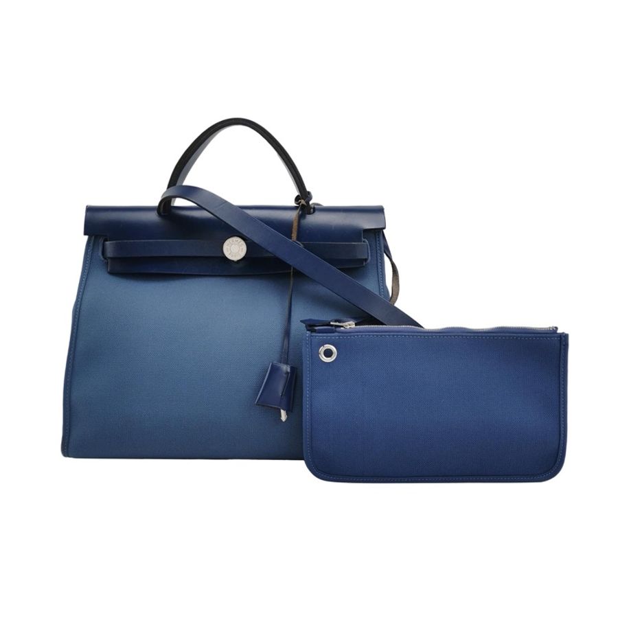 Hermes Herbag31單肩包Hunter牛皮帆布銀扣 73寶石藍7E明藍色C刻-0