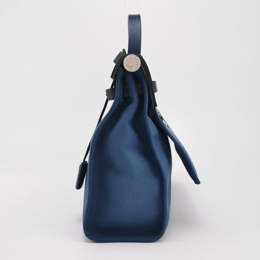 Hermes Herbag31單肩包Hunter牛皮帆布銀扣 73寶石藍7E明藍色C刻-3