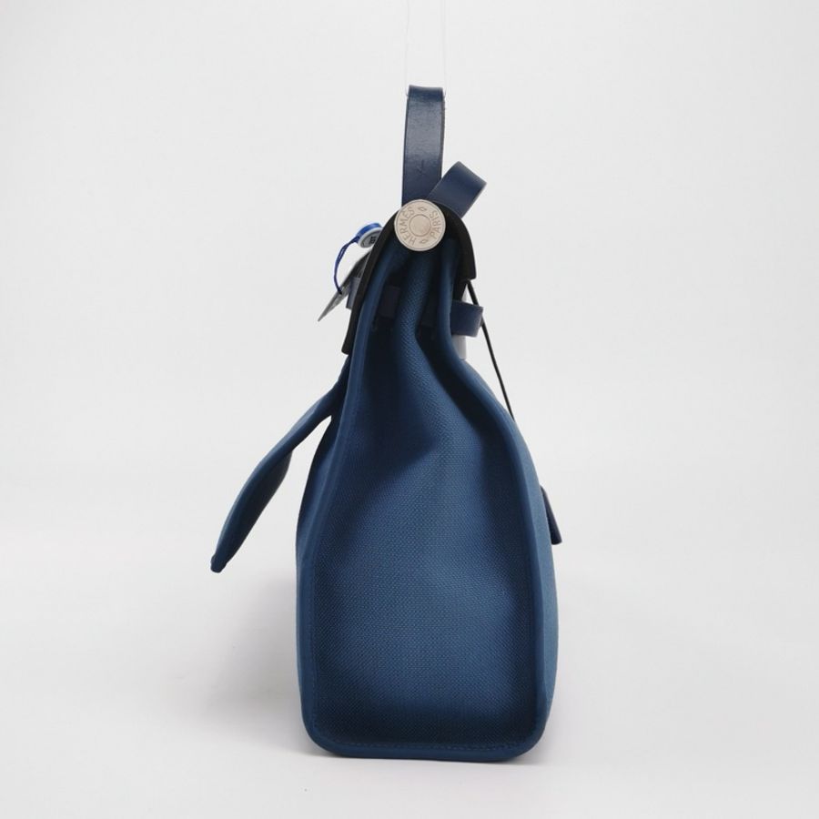 Hermes Herbag31單肩包Hunter牛皮帆布銀扣 73寶石藍7E明藍色C刻-4