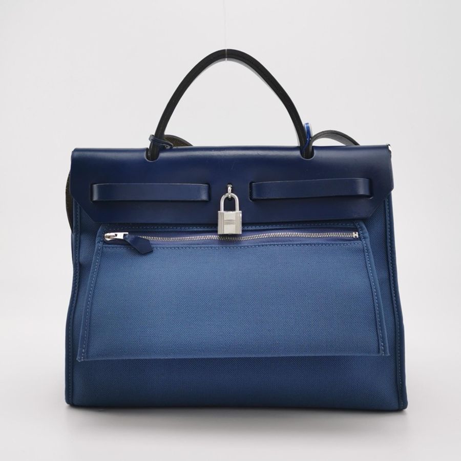 Hermes Herbag31單肩包Hunter牛皮帆布銀扣 73寶石藍7E明藍色C刻-5