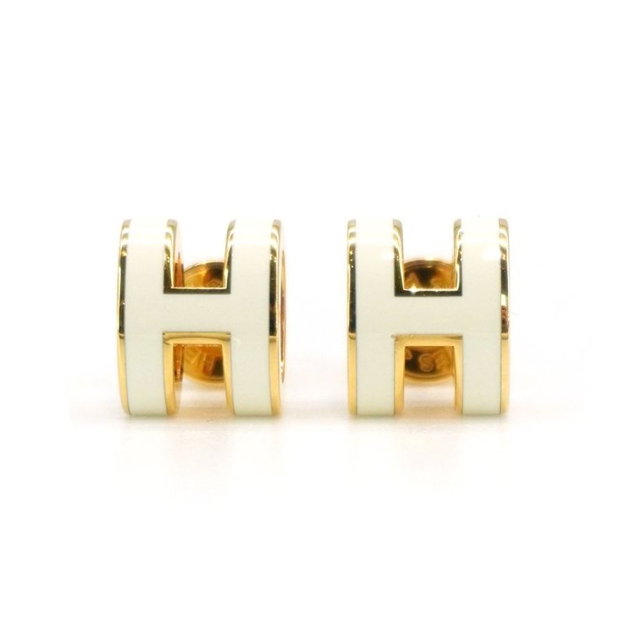 Hermes Pop H 立體簍空橢圓logo耳環-mini(白/金)-0