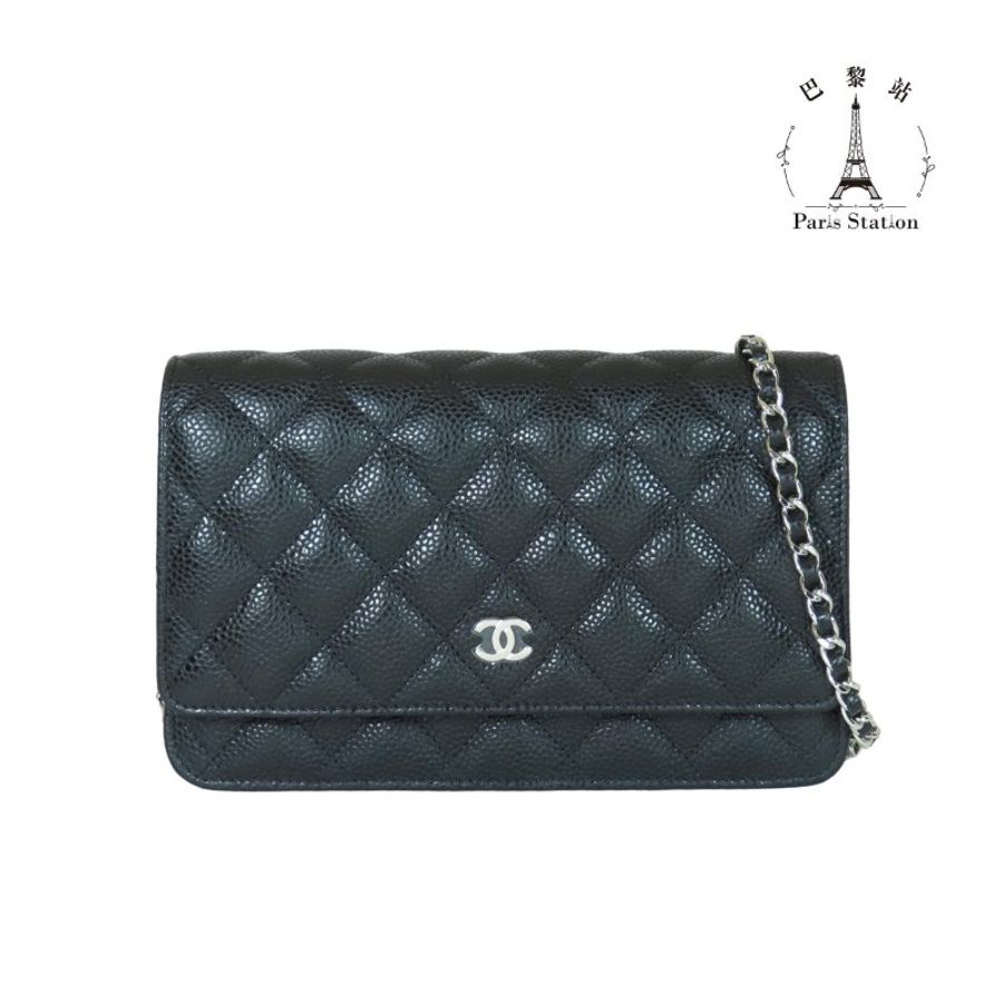 【巴黎站二手名牌專賣店】*現貨*CHANEL 香奈兒 真品*黑色菱格荔枝紋牛皮銀色雙C鏈包 WOC斜背包-0