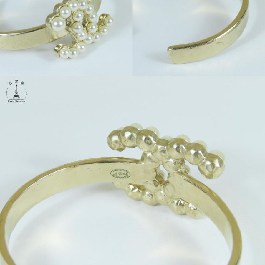 【巴黎站二手名牌專賣店】*現貨*CHANEL 香奈兒 真品*珍珠雙C復古淡金屬開口手環 手鐲-3