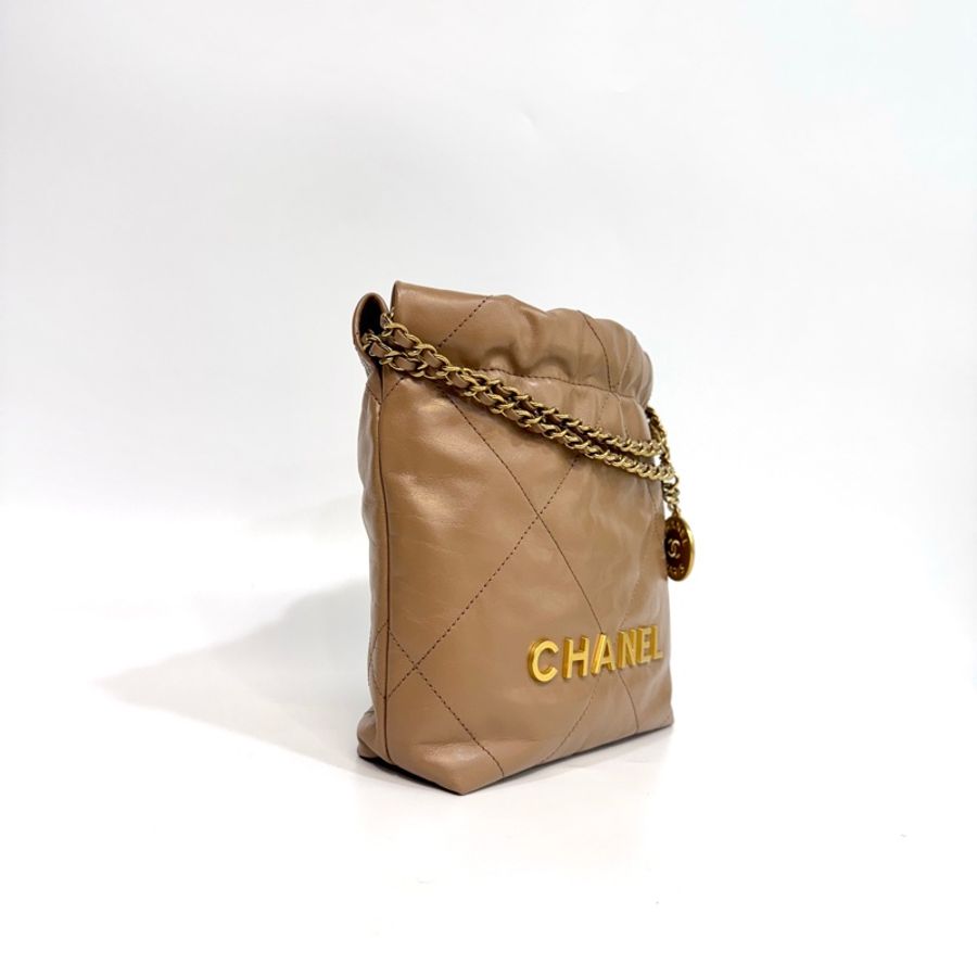 Chanel奶茶色油蠟牛皮mini 22bag AS3980-2
