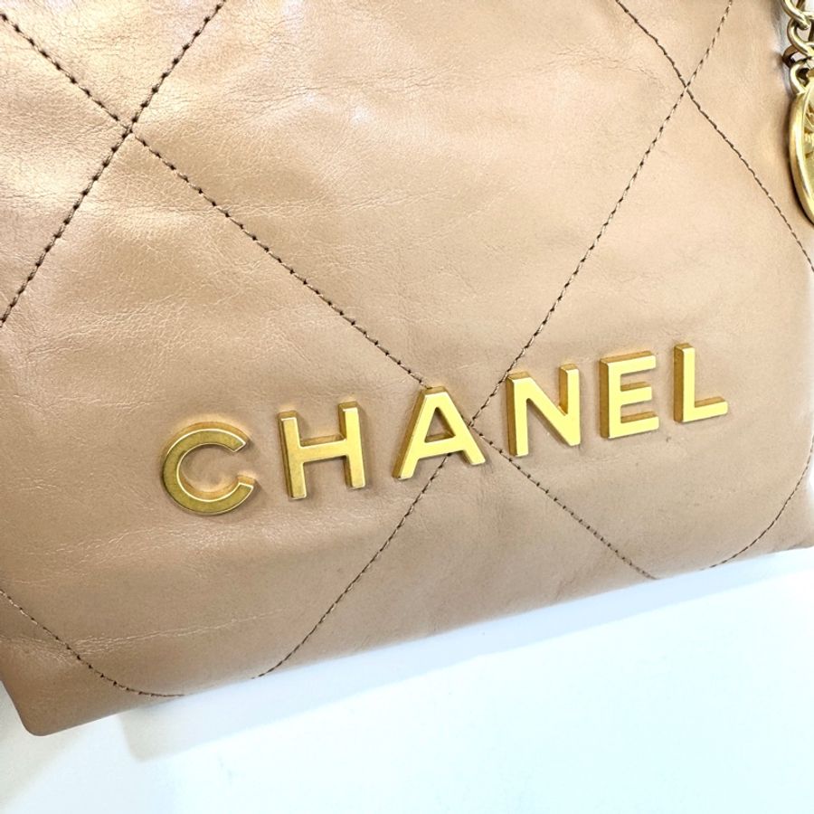 Chanel奶茶色油蠟牛皮mini 22bag AS3980-7