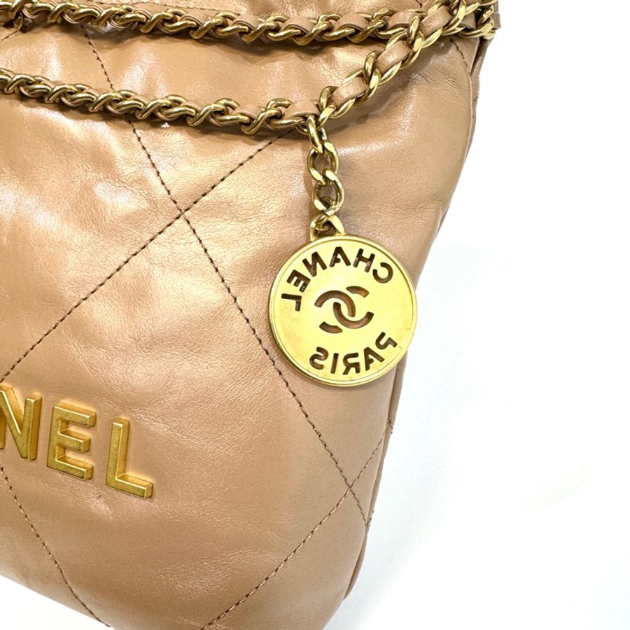 Chanel奶茶色油蠟牛皮mini 22bag AS3980-9