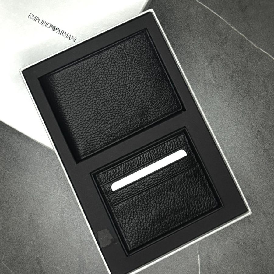 🛍️ 雙11年度最低價!今天不買會後悔!【EMPORIO ARMANI 阿曼尼】黑色牛皮短夾+卡夾禮盒組-0
