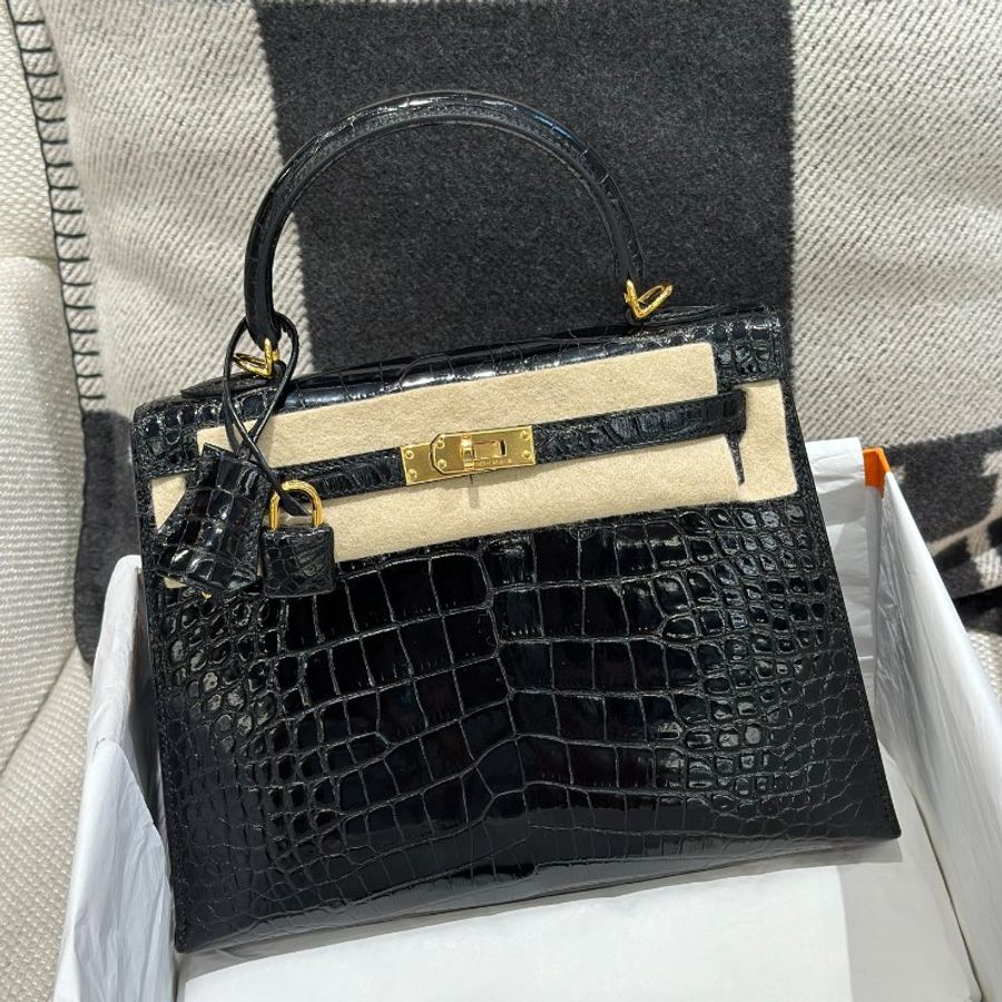 【精選天菜】HERMES 25CM KELLY 黑金 亮面鱷魚-1