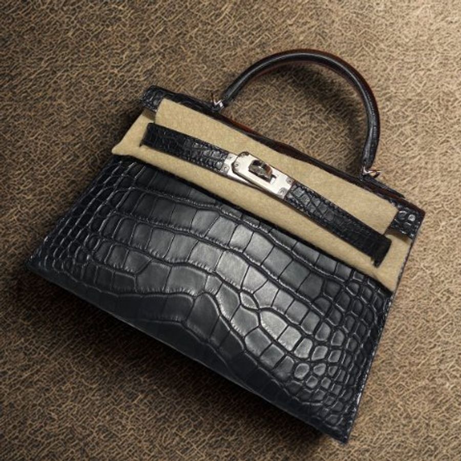 【精選天菜】HERMES 鱷魚皮 霧面 銀扣 黑銀 MINI KELLY 二代-0
