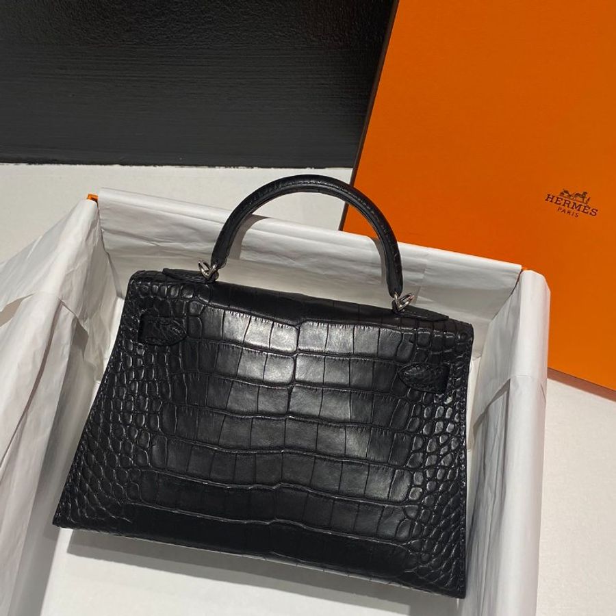 【精選天菜】HERMES 鱷魚皮 霧面 銀扣 黑銀 MINI KELLY 二代-2