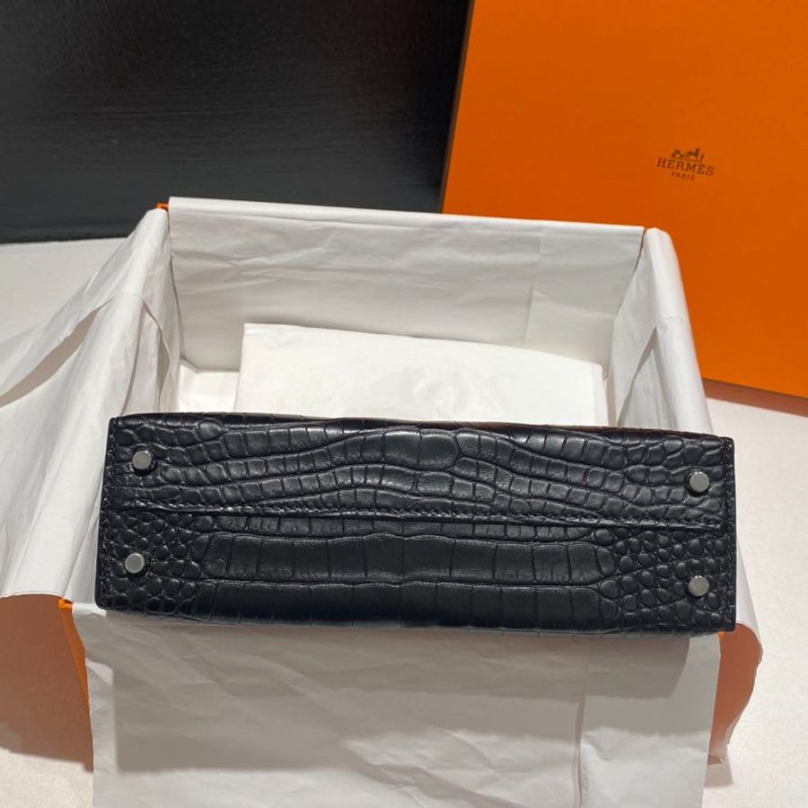 【精選天菜】HERMES 鱷魚皮 霧面 銀扣 黑銀 MINI KELLY 二代-3