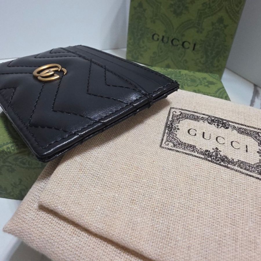 GUCCI 經典GG Marmont LOGO牛皮萬用卡夾 黑色金扣-3