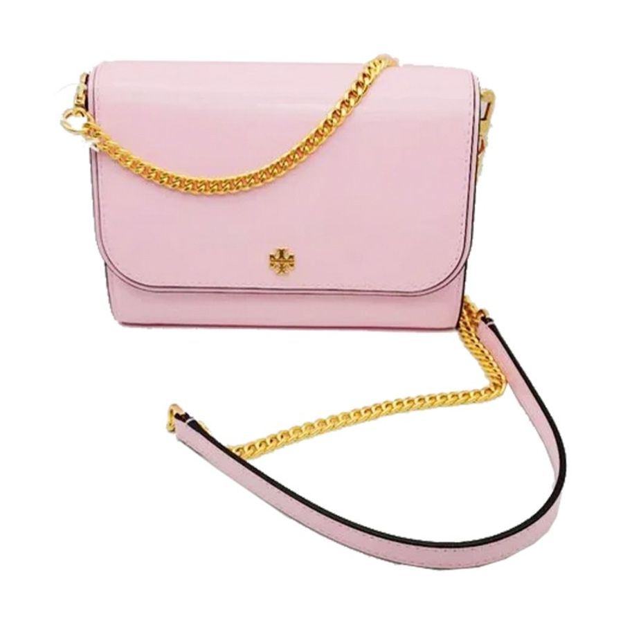 【TORY BURCH】素面皮革翻蓋斜背鏈包-粉紅色-0