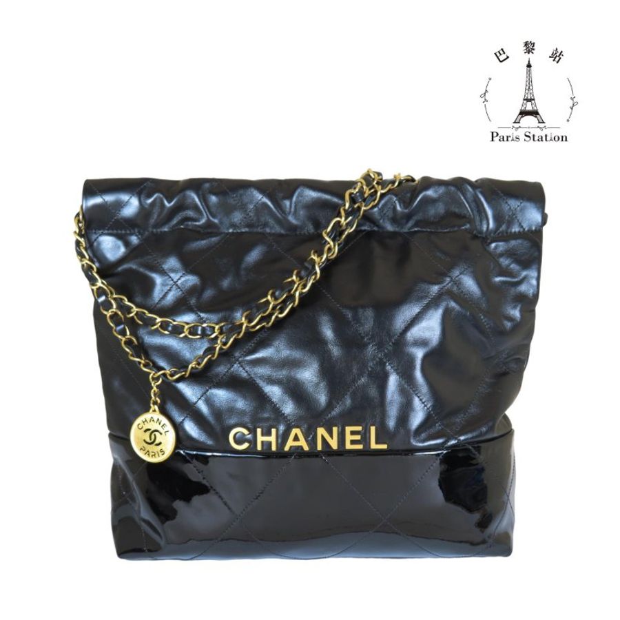 【巴黎站二手名牌專賣店】*現貨*CHANEL 香奈兒 真品*AS3260黑色拼接漆皮金logo 22BAG肩背包(小)-0