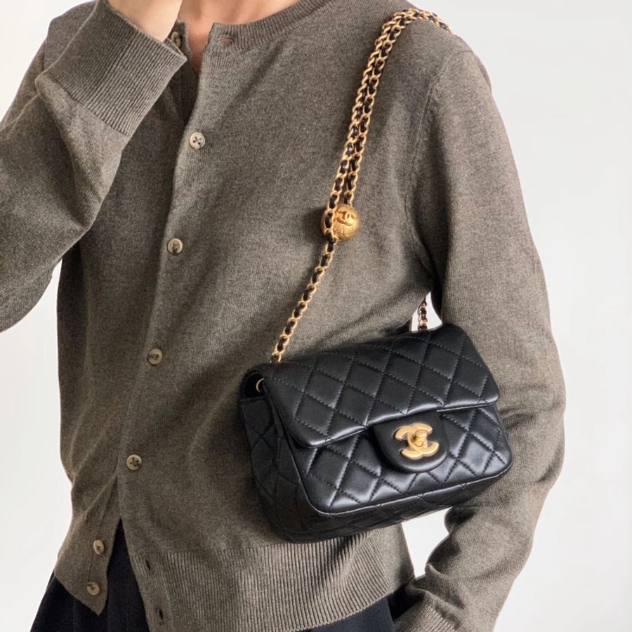 🖤Chanel 香奈兒 黑色 菱格紋 羊皮 金球 Mini 方胖 肩背包 鍊帶包 金釦 AS1786-1
