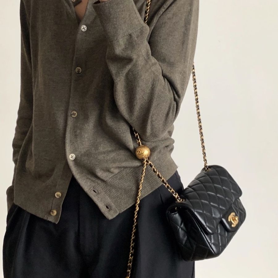 🖤Chanel 香奈兒 黑色 菱格紋 羊皮 金球 Mini 方胖 肩背包 鍊帶包 金釦 AS1786-2