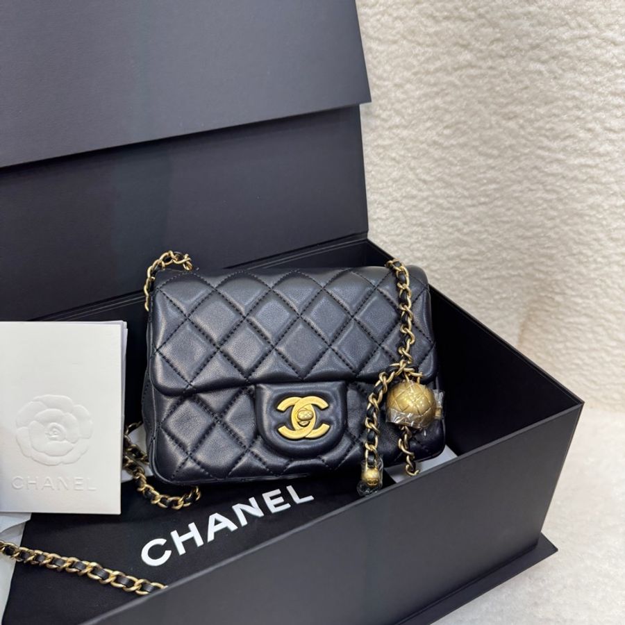 🖤Chanel 香奈兒 黑色 菱格紋 羊皮 金球 Mini 方胖 肩背包 鍊帶包 金釦 AS1786-3