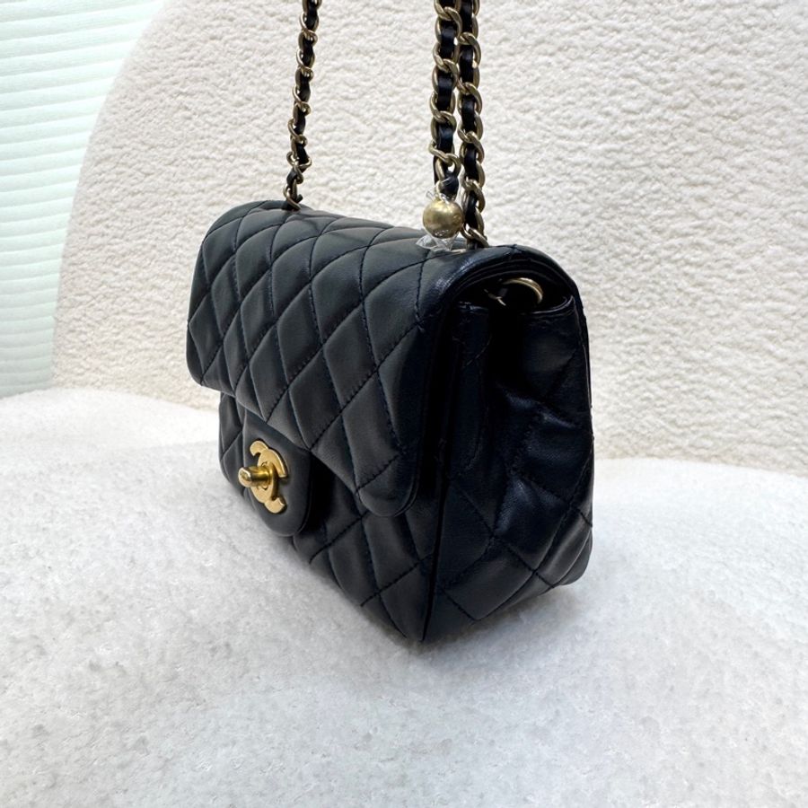 🖤Chanel 香奈兒 黑色 菱格紋 羊皮 金球 Mini 方胖 肩背包 鍊帶包 金釦 AS1786-5