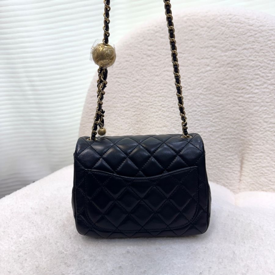 🖤Chanel 香奈兒 黑色 菱格紋 羊皮 金球 Mini 方胖 肩背包 鍊帶包 金釦 AS1786-7